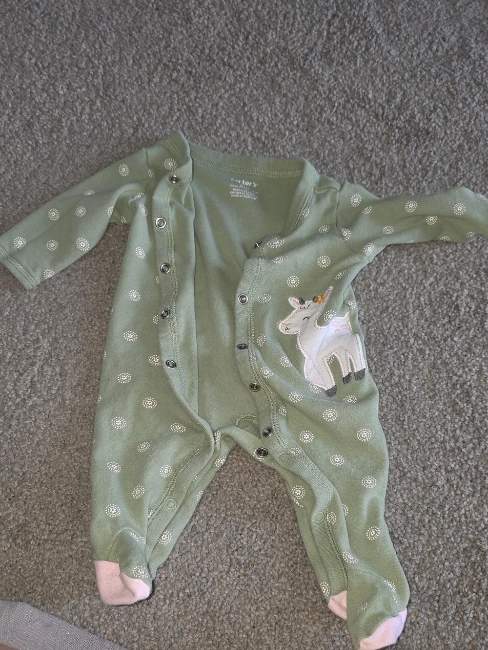 Carter's Sage Green Unicorn Footed Pajama with Pink Accents